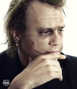 artificial scar on actor Heath Ledger's face (before color makeup) for his JOKER role in the Batman Dark Knight film